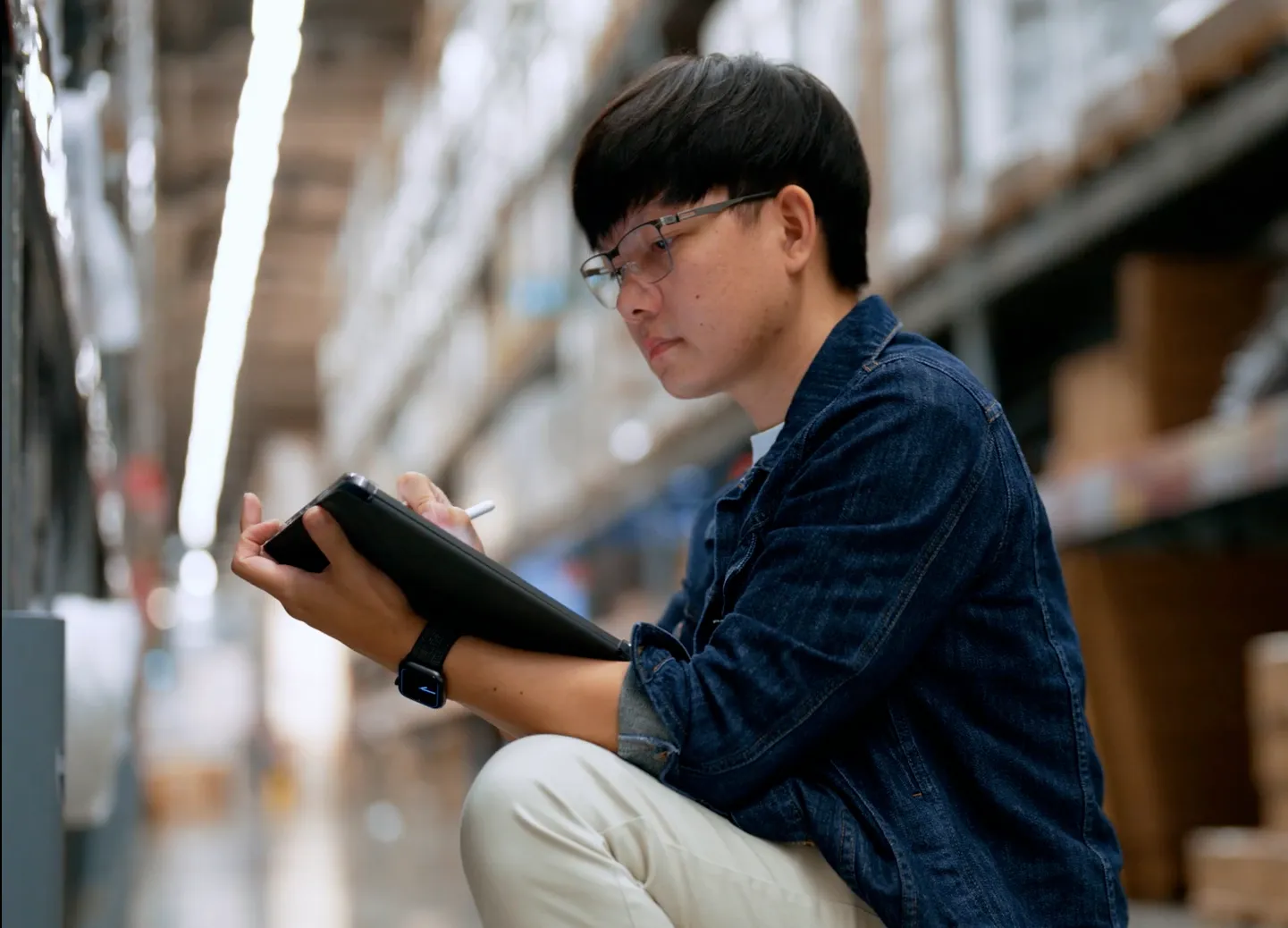 Young man wearing glasses and a blue denim jacket crouches in a warehouse aisle, using a tablet with a stylus for inventory or data management.