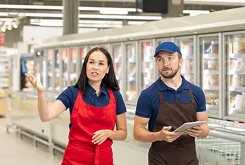 Two grocery store employees standing in an aisle with refrigerated shelves; a woman in a red apron gestures with her arm while a man in a blue cap and brown apron holds a tablet.