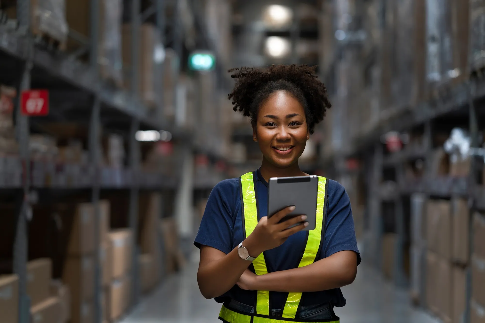 Smiling warehouse worker wearing a reflective safety vest holds a tablet, standing in an aisle with shelves stocked with boxes.