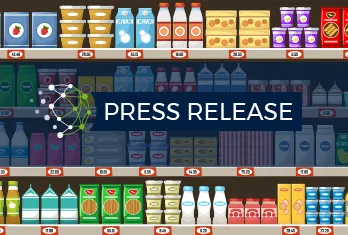 Grocery store shelves stocked with various dairy and packaged products including milk, yogurt, juice, and sauces, with a dark blue banner across the center reading 'PRESS RELEASE'.