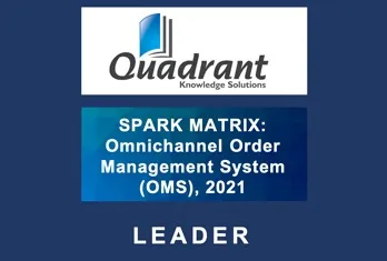 Quadrant Knowledge Solutions logo above text stating SPARK MATRIX: Omnichannel Order Management System (OMS), 2021 with the word LEADER below.