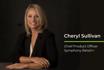 Portrait of Cheryl Sullivan smiling, wearing a black blazer and white top, with text identifying her as Chief Product Officer at Symphony RetailAI.