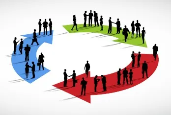 Three large arrows in a circular arrangement colored blue, green, and red, each with black silhouette figures of people standing or interacting on them, symbolizing teamwork or collaboration.