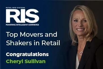 Promotional image for RIS Retail Info Systems featuring a smiling woman with blonde hair in business attire, with text congratulating Cheryl Sullivan as a top mover and shaker in retail.