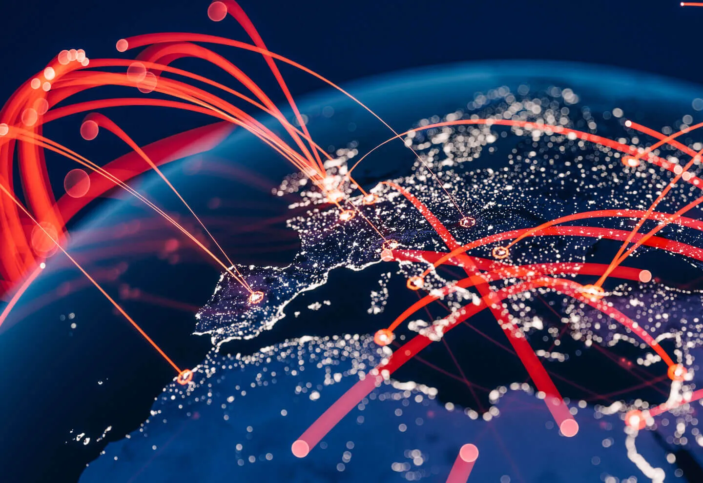 Digital map showing Europe and northern Africa with illuminated cities connected by glowing red arcs representing data or communication networks.