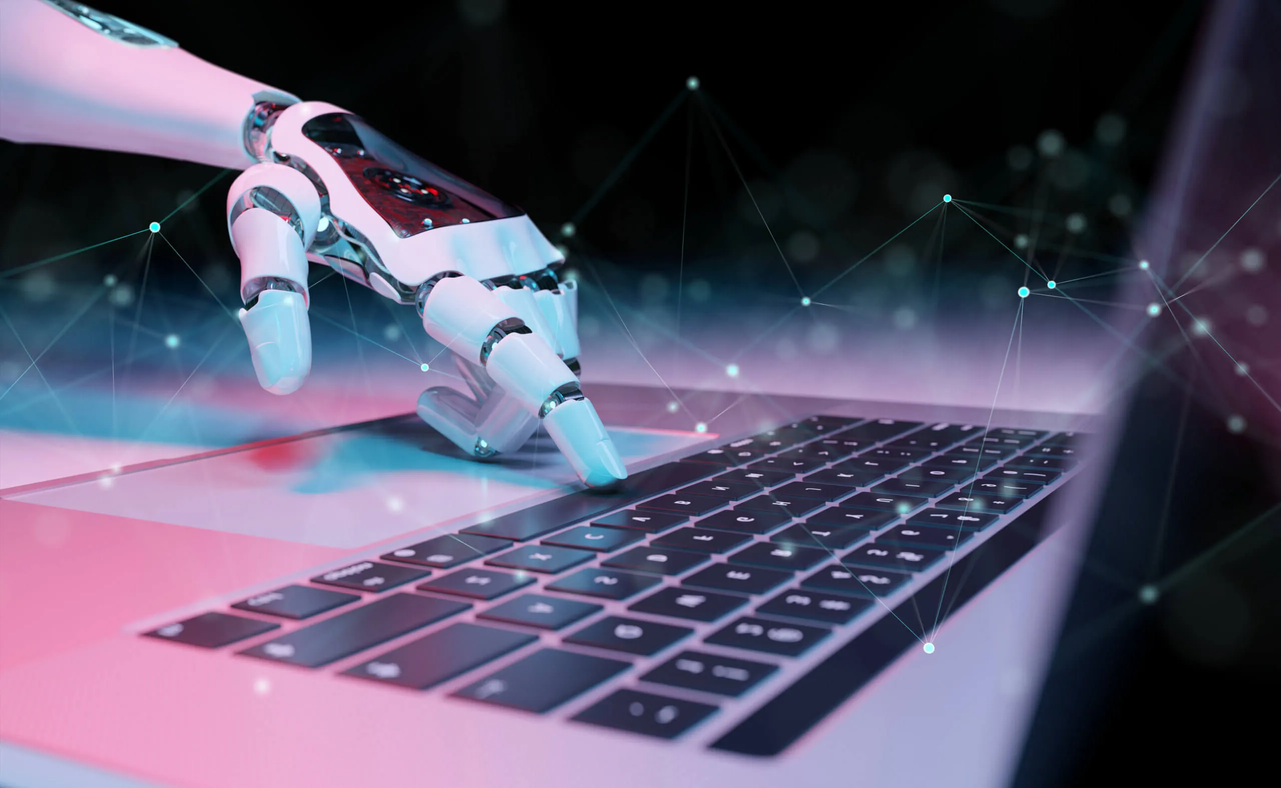 A robotic hand typing on a laptop keyboard with digital network connections glowing around it, symbolizing artificial intelligence and technology.