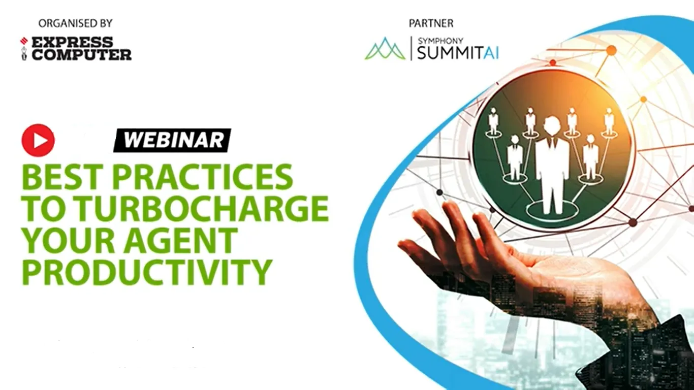 Promotional graphic for a webinar titled 'Best Practices to Turbocharge Your Agent Productivity' organized by Express Computer and partnered with Symphony Summit AI, featuring a stylized hand holding a network of connected figures representing agents.