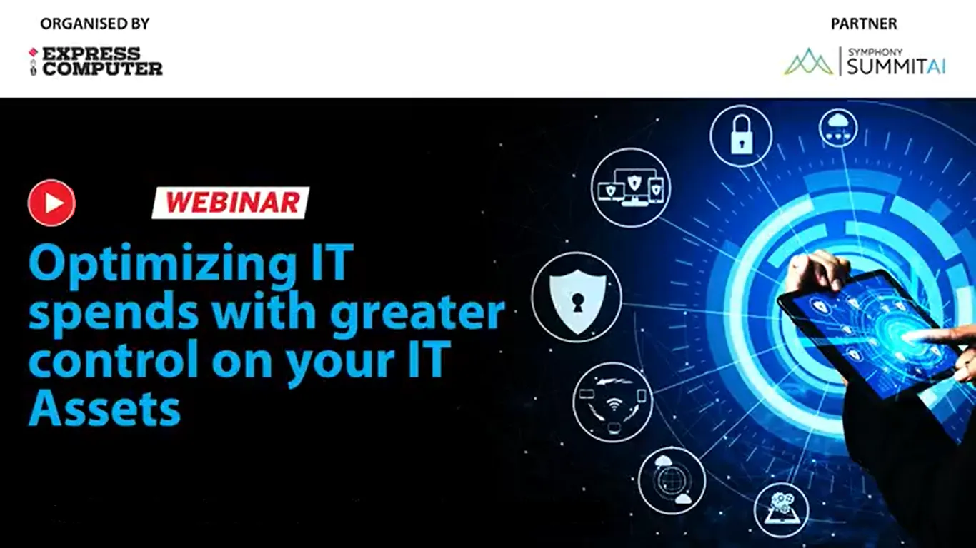 Webinar titled 'Optimizing IT spends with greater control on your IT Assets' organized by Express Computer with partner Symphony SummitAI, featuring a hand interacting with a digital tablet showing security and technology icons on a blue futuristic interface.