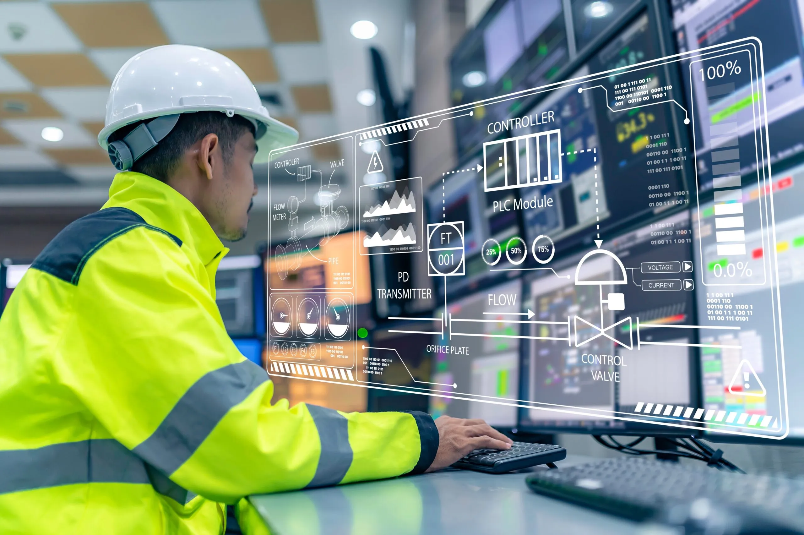 Engineer in a white hard hat and high-visibility yellow jacket working at a computer station with multiple screens displaying industrial control data and digital schematics for a PLC module, flow meter, control valve, and other automation components in a control room.