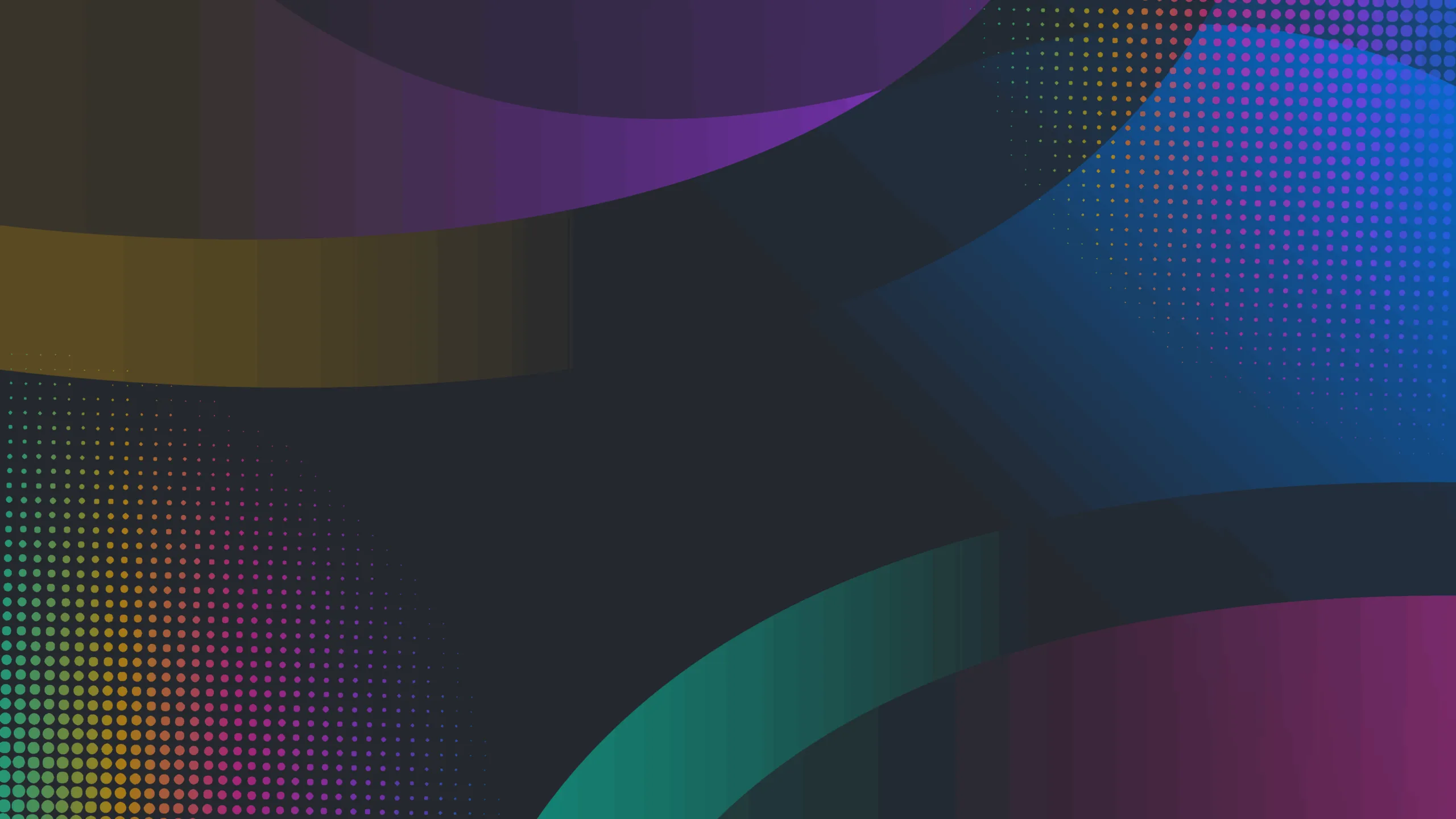 Abstract dark background with overlapping circular shapes and dotted halftone patterns in purple, blue, green, orange, and pink shades.