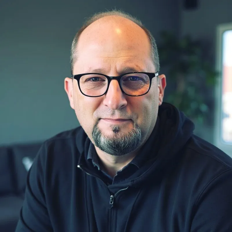 Middle-aged man with glasses and a goatee wearing a black zip-up hoodie, looking directly at the camera with a slight smile, against a blurred indoor background.