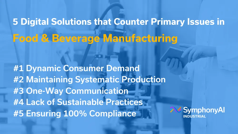 Text listing five digital solutions addressing key challenges in food and beverage manufacturing against a blurred background of a person using a tablet in a production facility, featuring issues like dynamic consumer demand, systematic production, communication, sustainability, and compliance, with the SymphonyAI Industrial logo.