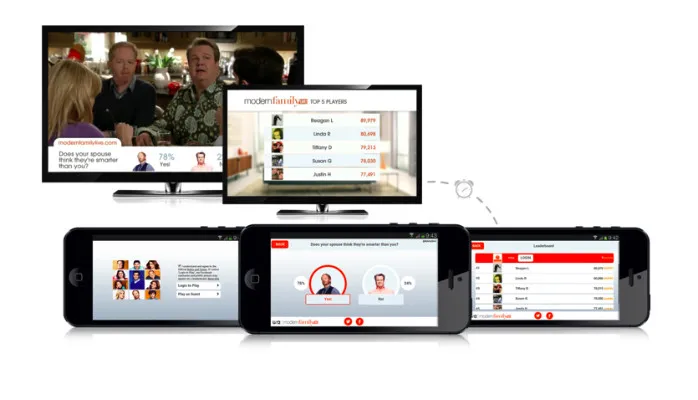 Television and mobile devices showing an interactive game related to the TV show Modern Family, including a question about whether a spouse is smarter, a leaderboard with top players, and a quiz interface with character portraits and answer buttons.