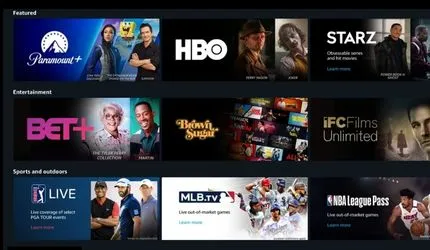 Amazon Prime Channels interface showing featured streaming services Paramount+, HBO, and STARZ, with previews of shows; entertainment channels BET+, The Best of the Collection, The Chi, and IFC Films Unlimited; sports and outdoors options including Golf Live, MLB.TV live out-of-market games, and NBA League Pass live out-of-network games.