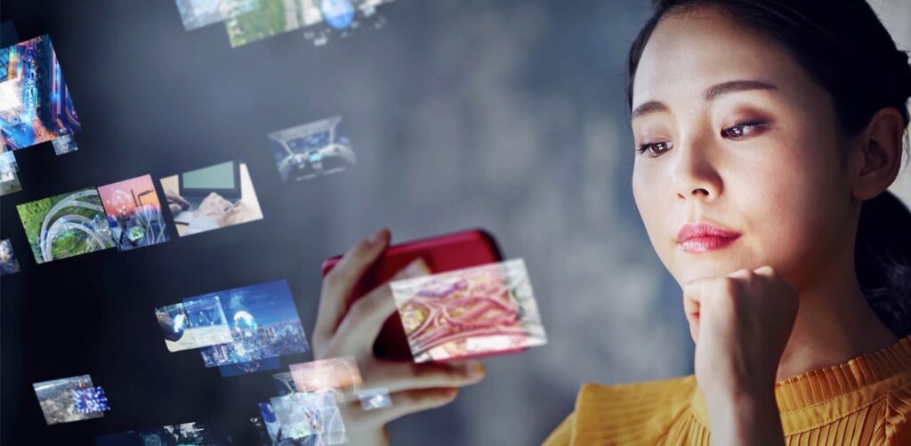 A woman considers multiple content acquisition options across a single mobile device
