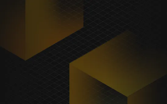 Abstract digital art featuring two dark, semi-transparent cubes with orange shading on a black grid background.