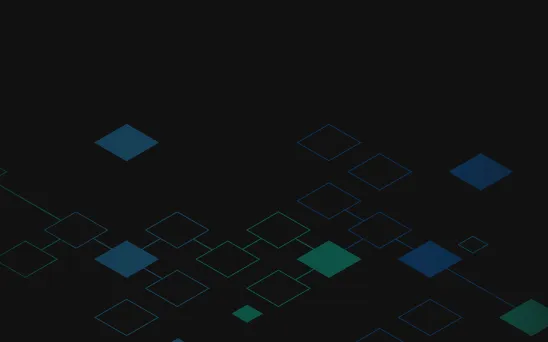 Dark background with scattered overlapping diamond shapes in shades of blue and green, creating a geometric pattern.