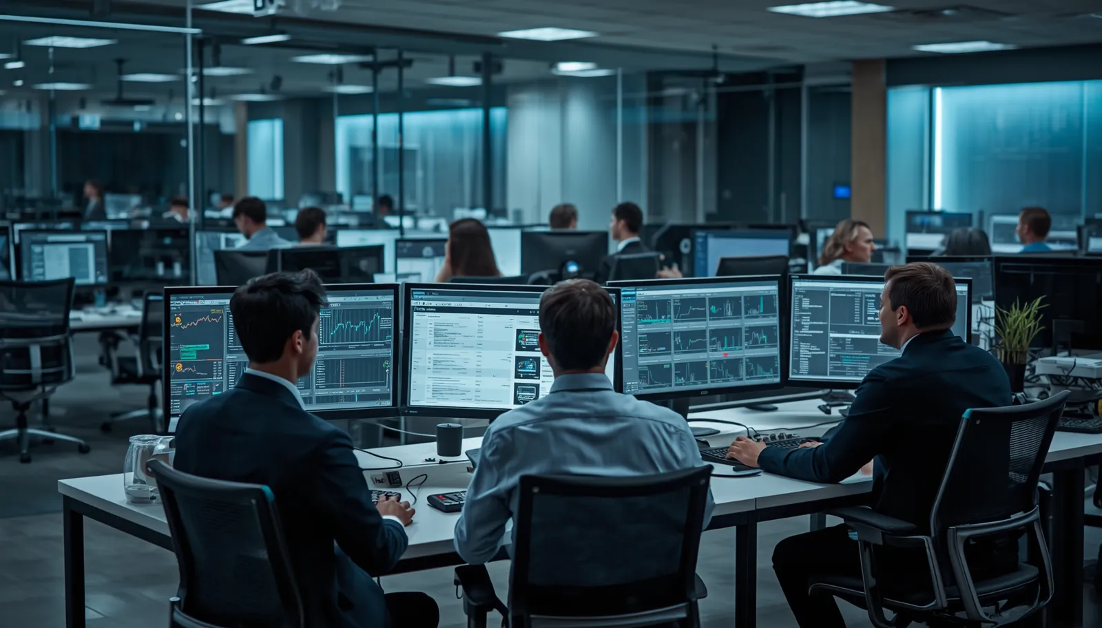 Three men in business attire seated at a desk in a modern office, each working with multiple large monitors displaying financial data, stock charts, and analytics dashboards, with other employees and workstations visible in the background.