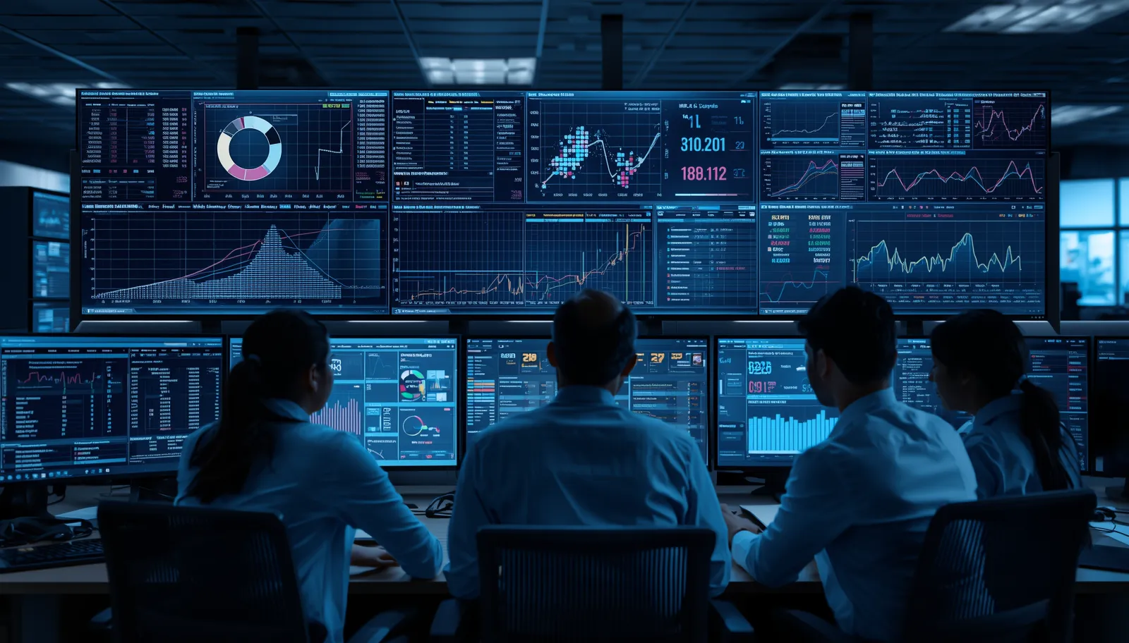 Four professionals in a control room monitoring multiple large screens displaying various data visualizations, charts, graphs, and analytics dashboards in a dark, high-tech environment.