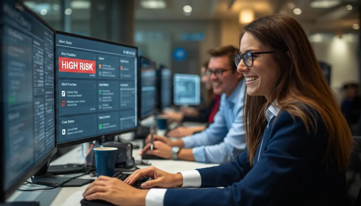 A woman wearing glasses and a navy blazer smiles while working on a computer in an office, with multiple monitors displaying a high-risk alert dashboard and colleagues working in the background.