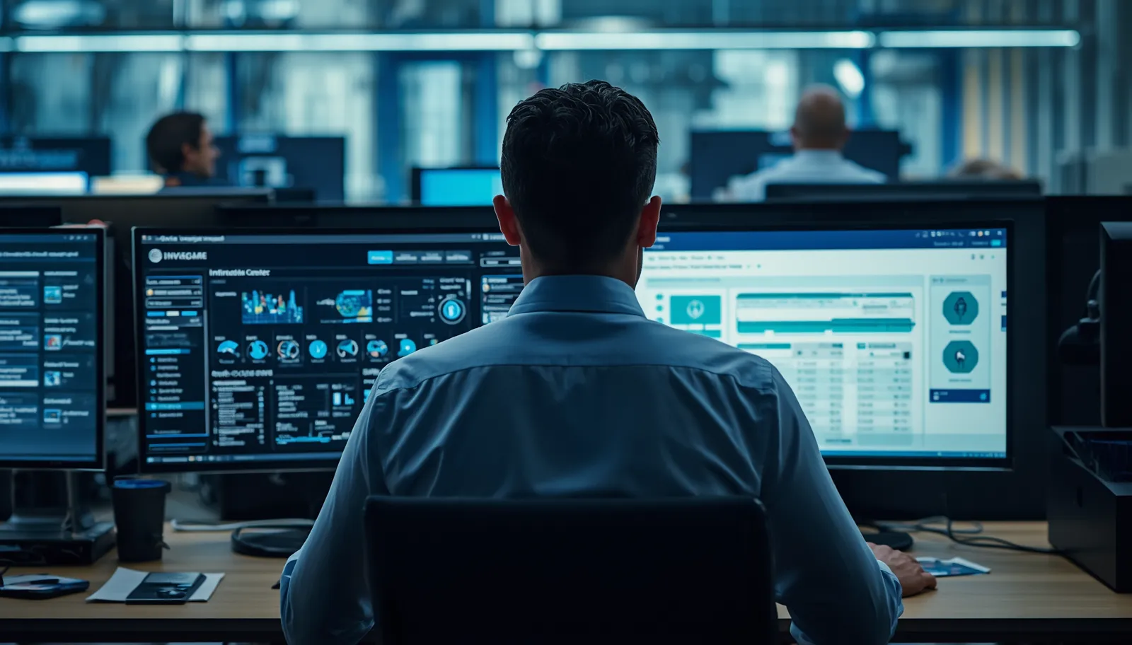 Man viewed from behind sitting at a desk with multiple computer monitors displaying data analytics, charts, and dashboards in a modern office environment.