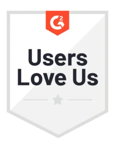 G2 badge with orange top labeled Users Love Us, showing a grey star and horizontal lines below the text.