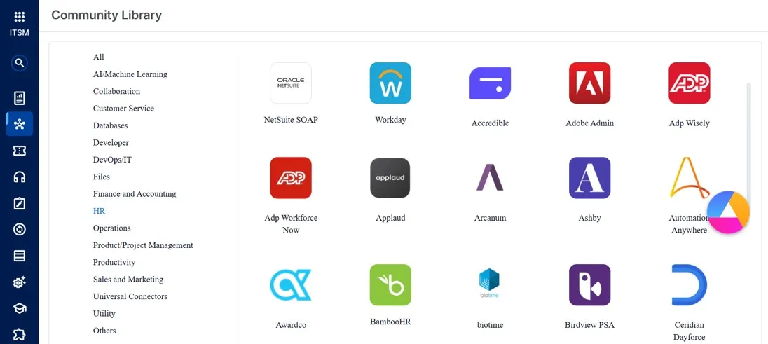 Screenshot of a Community Library interface showing a sidebar menu with categories like All, AI/Machine Learning, Collaboration, Customer Service, Databases, Developer, DevOps/IT, Files, Finance and Accounting, HR, Operations, Product/Project Management, Productivity, Sales and Marketing, Universal Connectors, Utility, and Others. The main area displays various application icons and names such as NetSuite SOAP, Workday, Accredible, Adobe Admin, Adp Wisely, Adp Workforce Now, Applaud, Arcanum, Ashby, Automation Anywhere, Awardco, BambooHR, biotime, Birdview PSA, and Ceridian Dayforce.