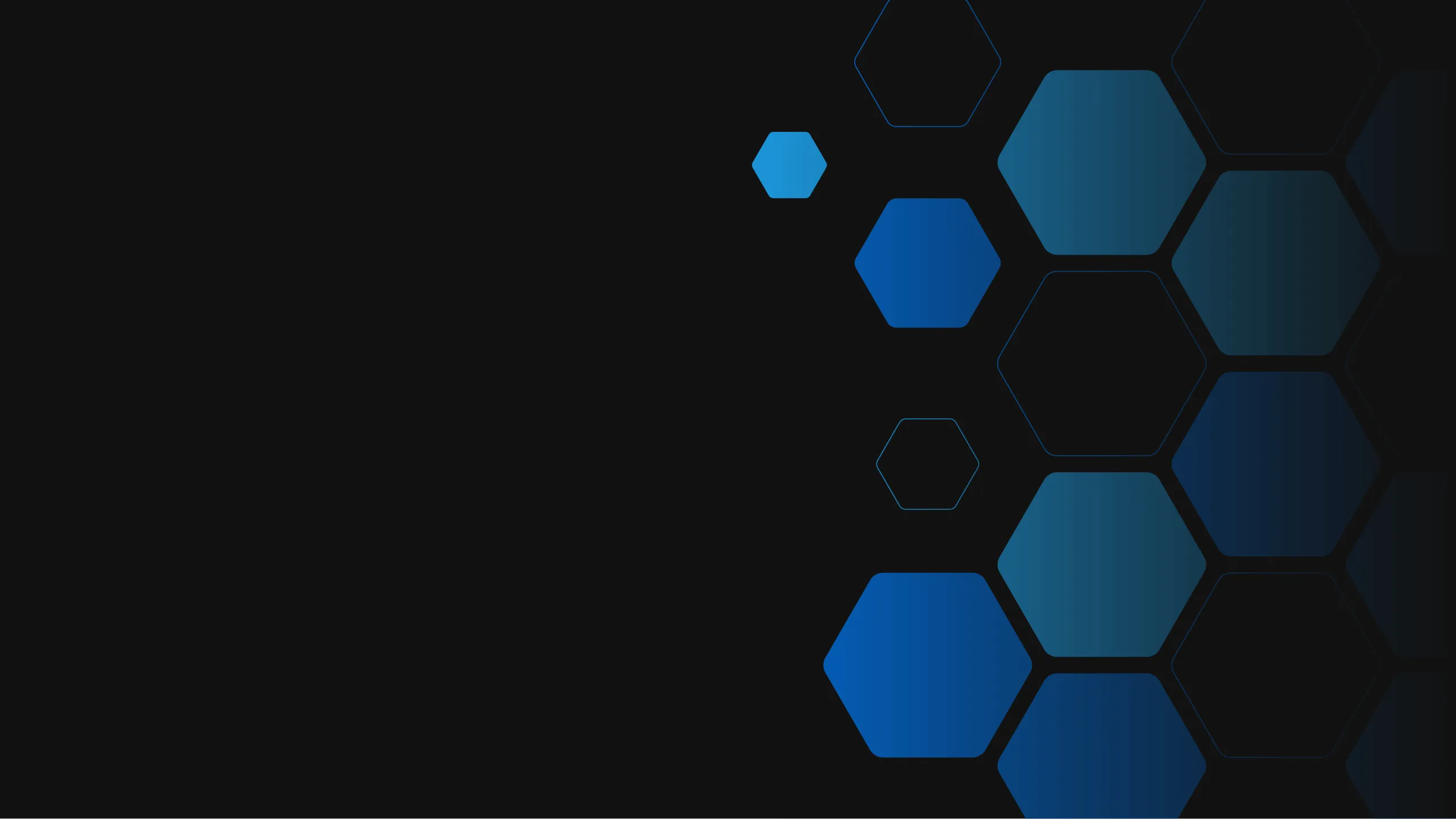Dark background with a pattern of blue hexagons of varying shades and sizes clustered on the right side.