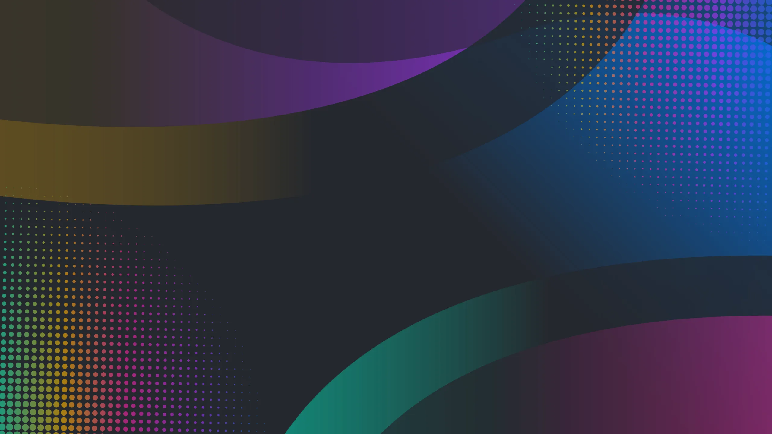 Abstract digital background with curved colored bands and dotted gradient patterns in shades of purple, green, blue, and yellow on a dark backdrop.