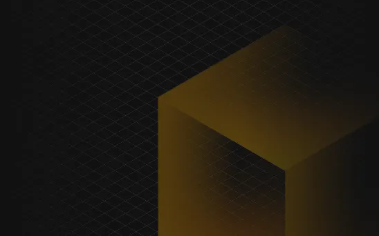 Dark geometric background with a large translucent golden cube shape over a black grid pattern.