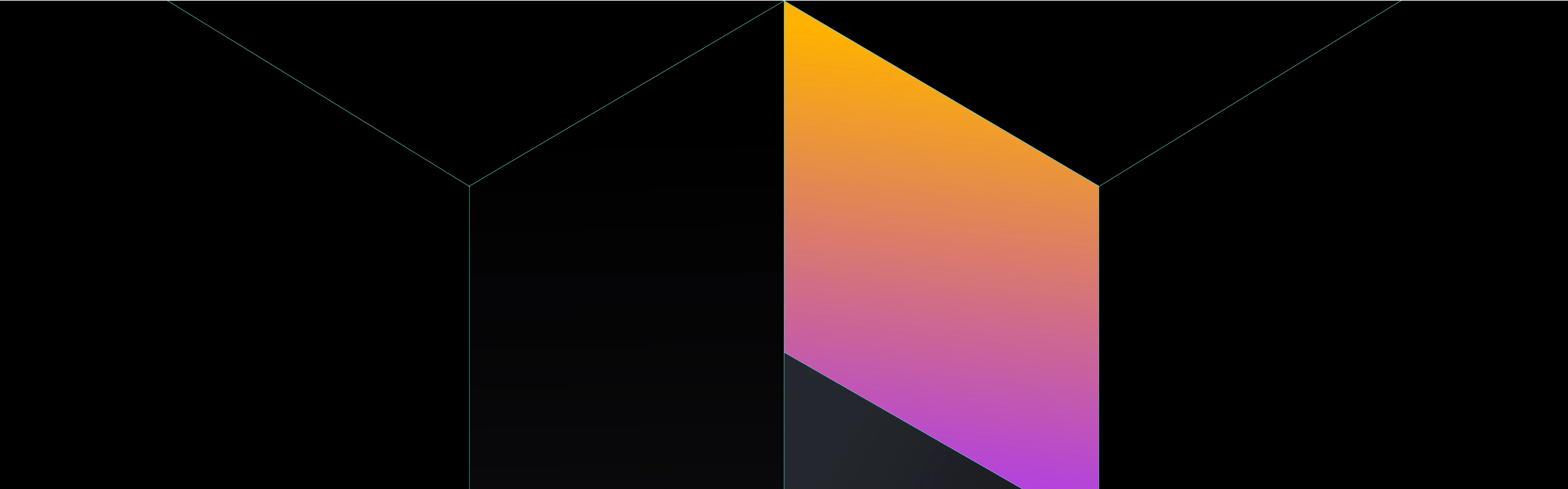 Three-dimensional geometric shape resembling an open box with one side in gradient colors from orange to pink and two sides shaded in black.