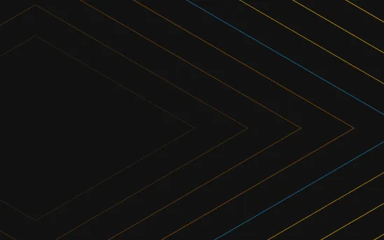 Dark background with multiple thin angled lines forming layered chevron patterns pointing right in shades of orange and blue.