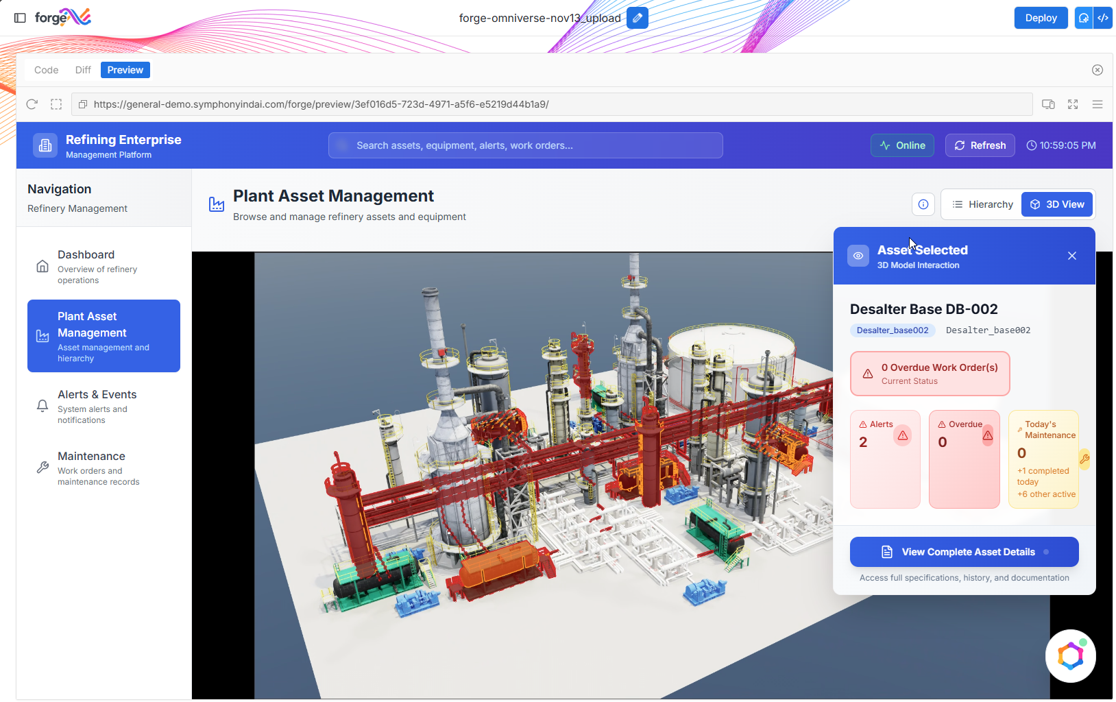 IRIS Forge app built with NVIDIA Omniverse libraries showing a 3D digital twin of a refinery with live asset status, alerts, and maintenance data.