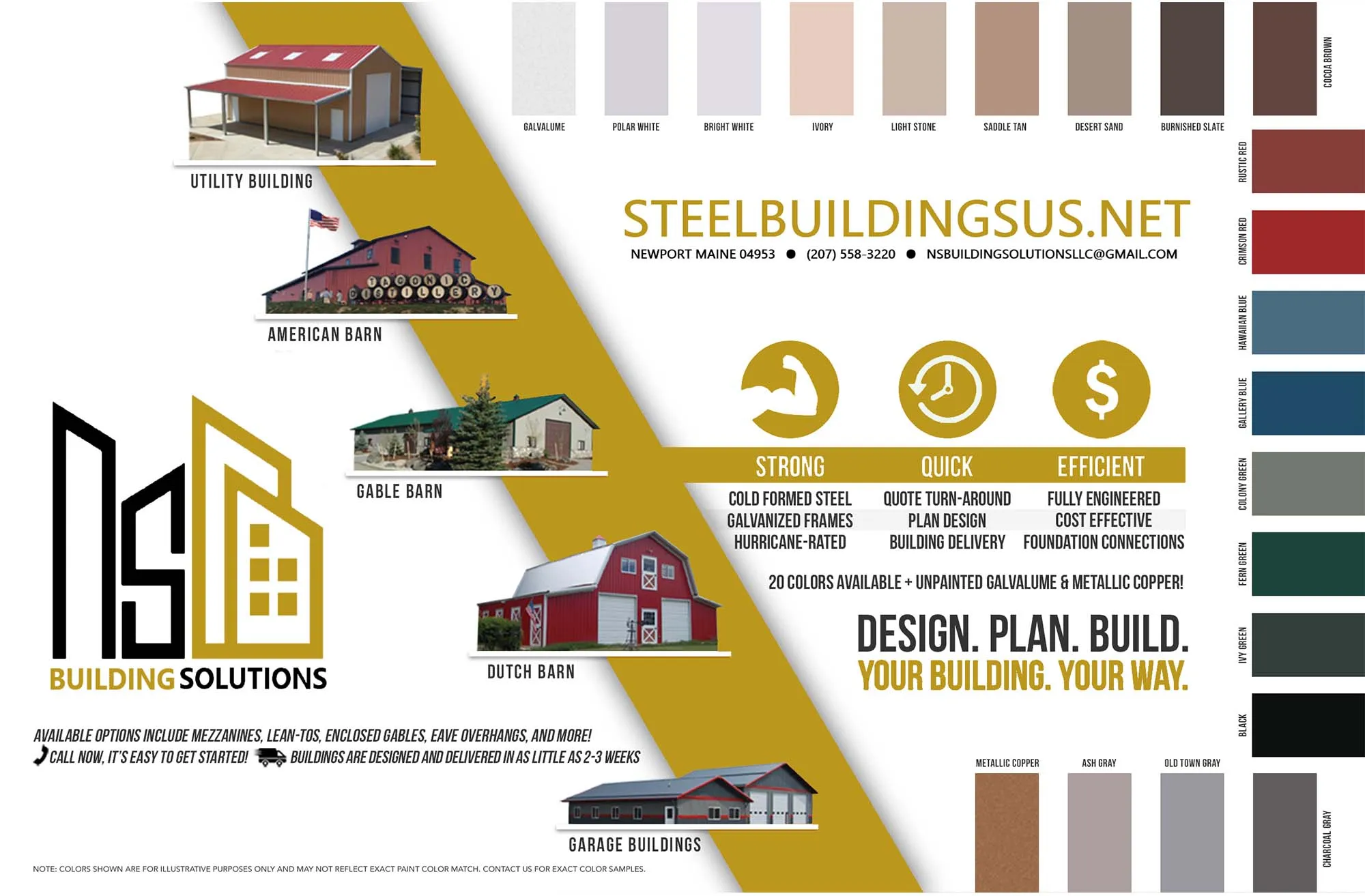 Brochure showing five types of steel buildings: Utility Building, American Barn, Gable Barn, Dutch Barn, and Garage Buildings with available color samples and features like strong cold-formed steel, quick quote turnaround, and efficient cost-effective building delivery.