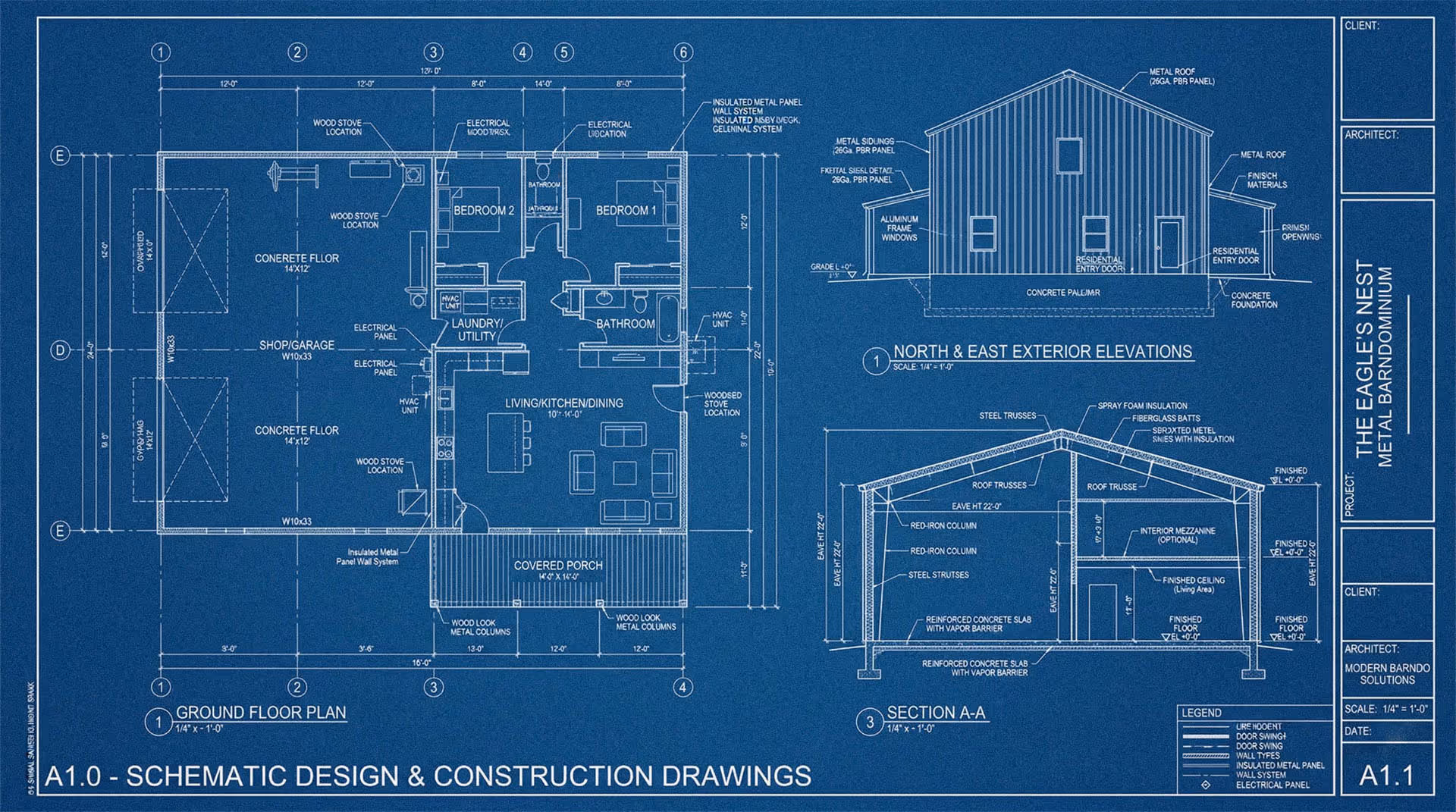 Blueprint schematic design for The Eagle's Nest metal barndominium showing ground floor plan, north and east exterior elevations, and section A-A with labeled rooms, structural details, and materials.
