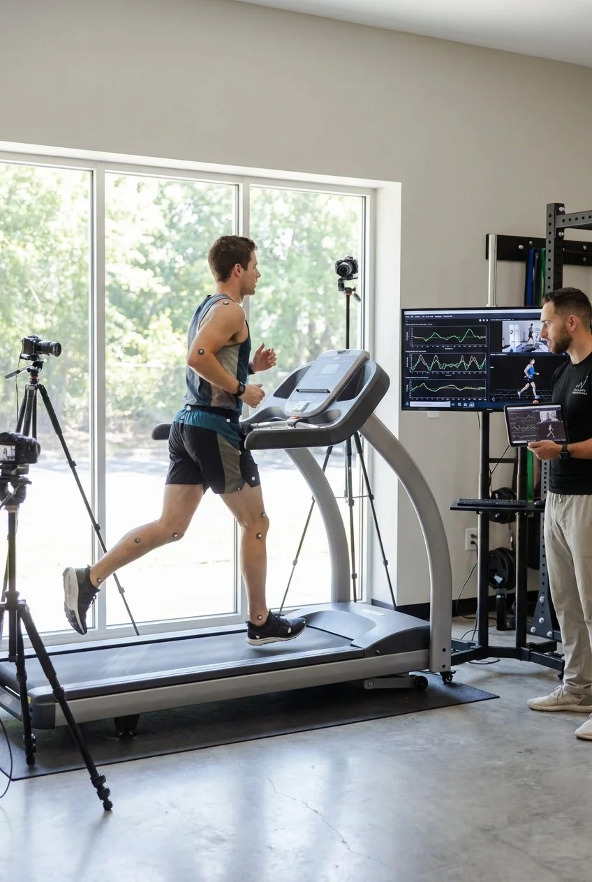 Runner undergoing gait analysis at a sports physical therapy clinic in Greenville