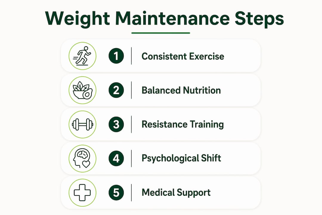 Infographic outlining five key steps to maintain weight
