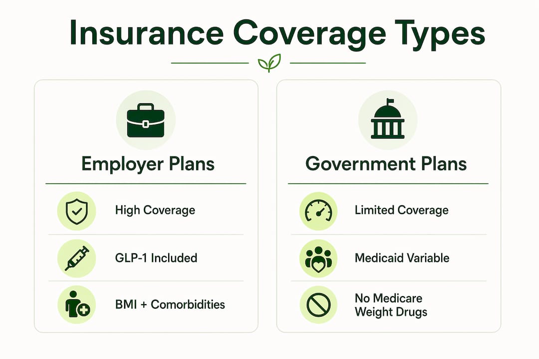 Infographic comparing insurance coverage types for weight loss medication