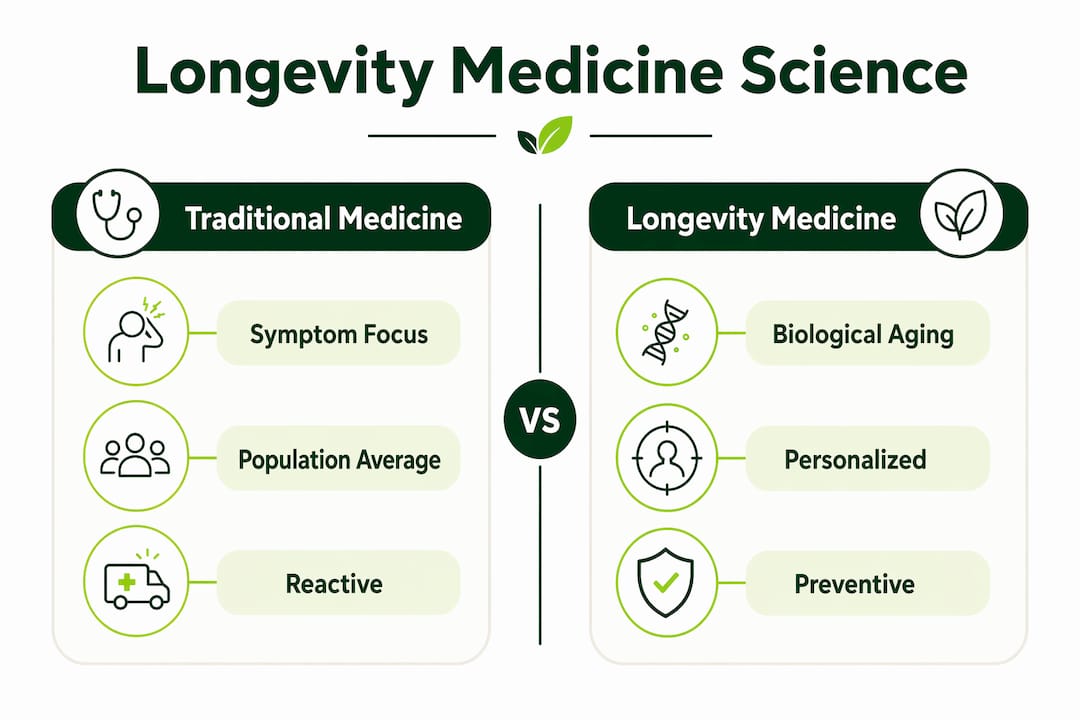 Infographic comparing traditional and longevity medicine core science