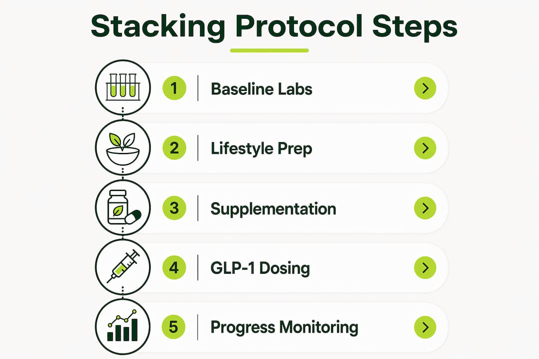 Infographic outlining steps for stacking GLP-1 with longevity protocols