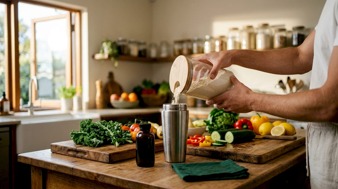 Hands scooping protein powder on kitchen counter