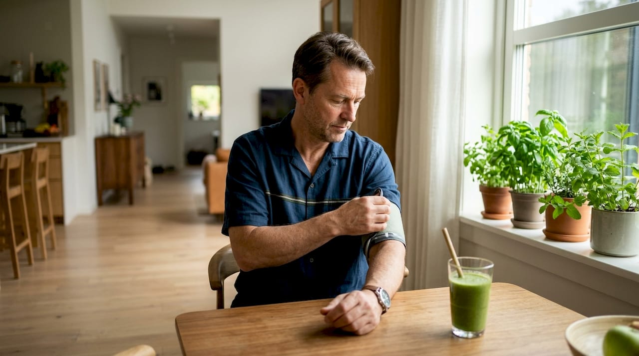Man checking blood pressure at home