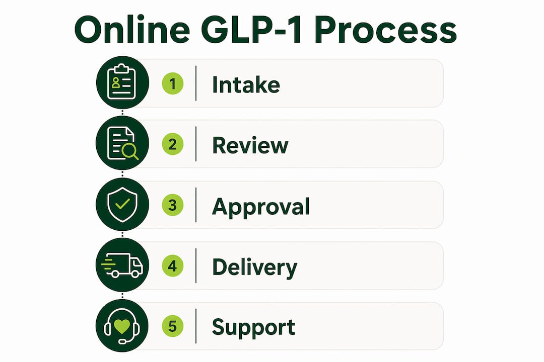 Infographic showing step-by-step online GLP-1 prescription process