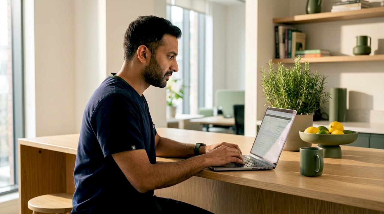 Doctor typing at desk using AI-assisted telehealth software