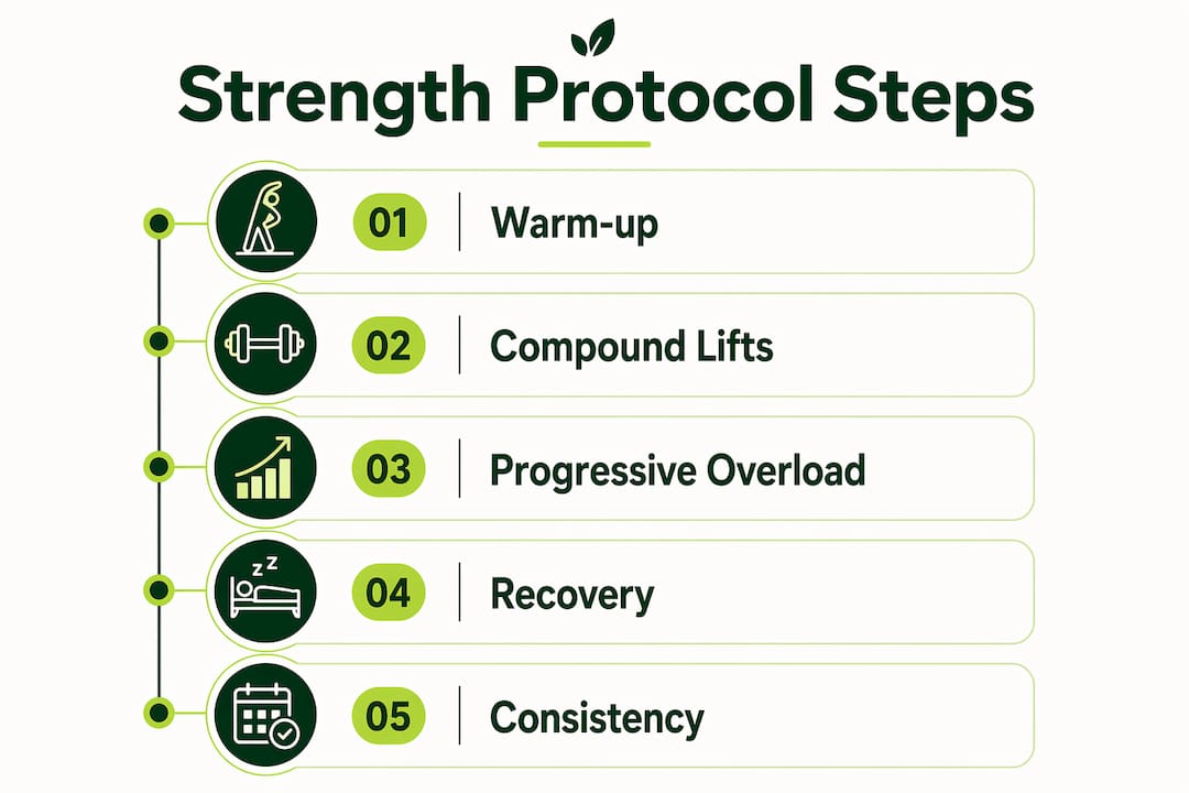 Infographic illustrating steps of an optimal strength protocol