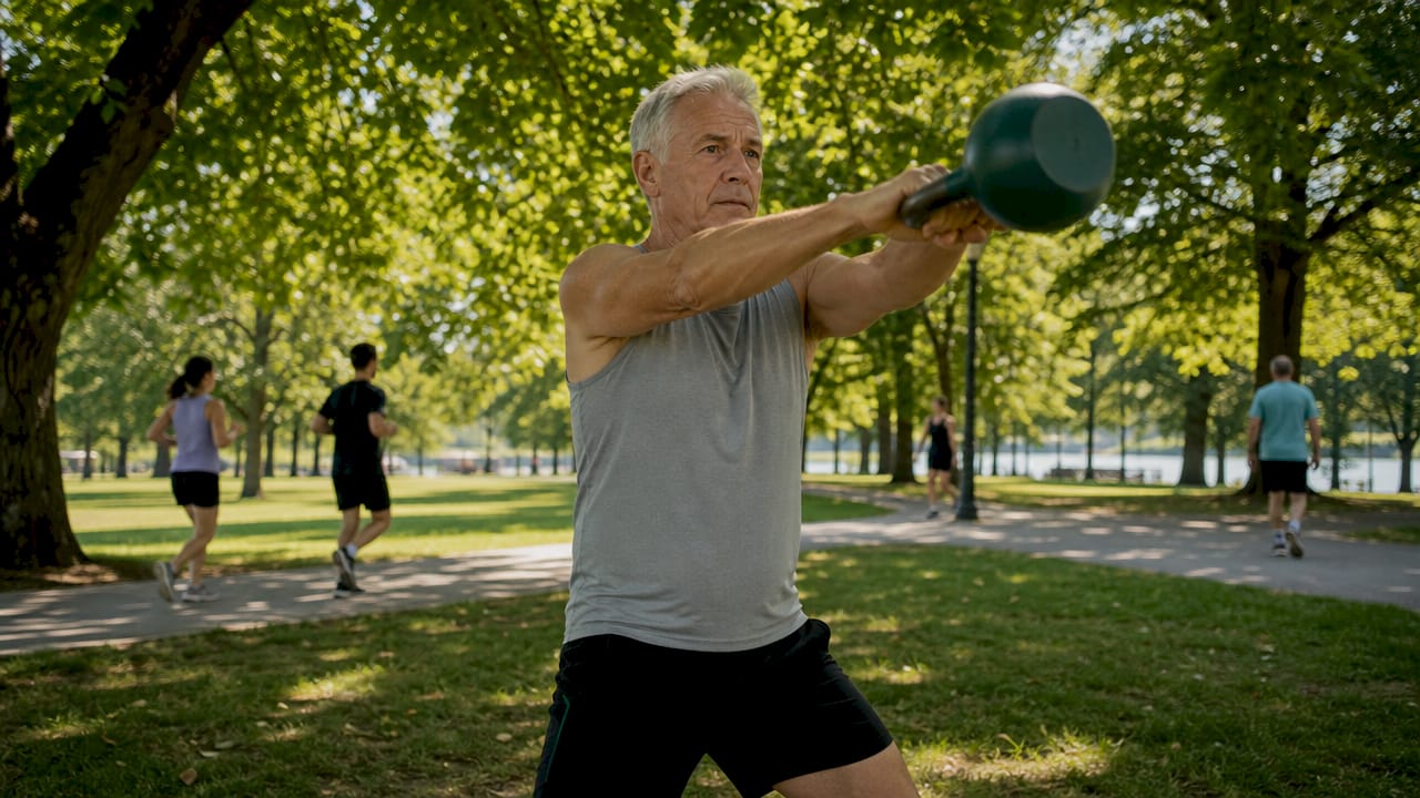 Older man’s hands gripping kettlebell in fitness studio
