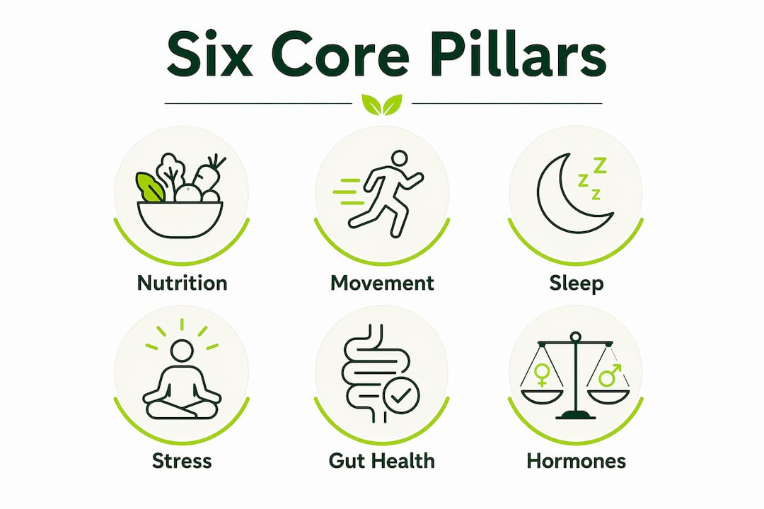 Infographic showing six core pillars of holistic weight management