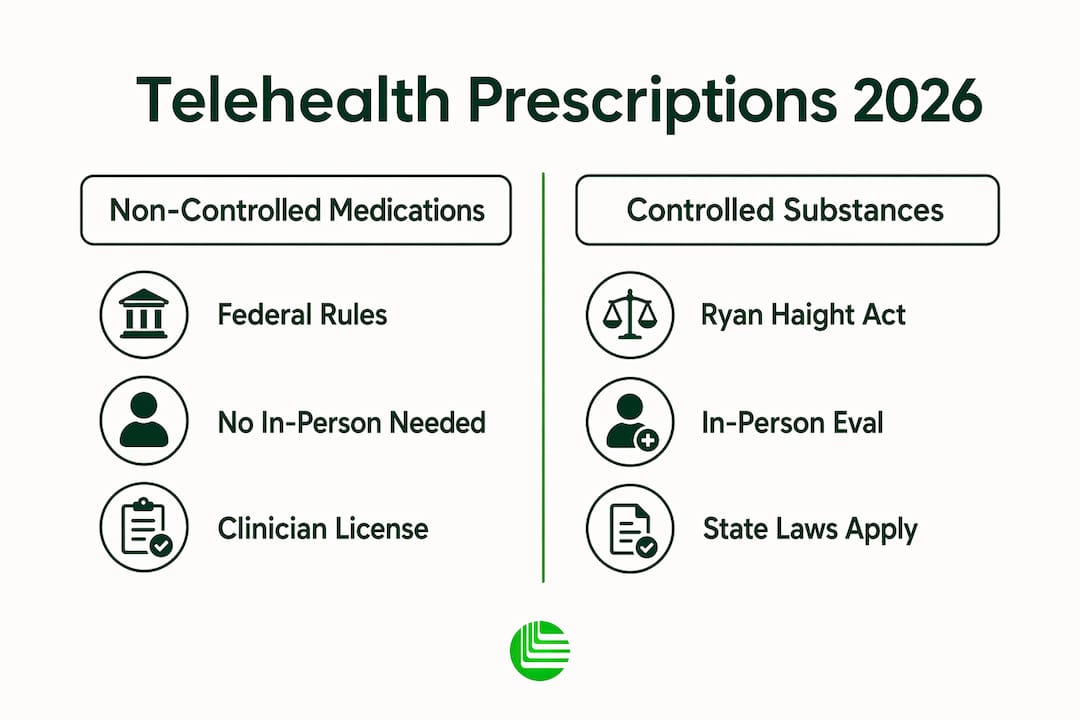 Infographic comparing legal rules for telehealth prescriptions in 2026