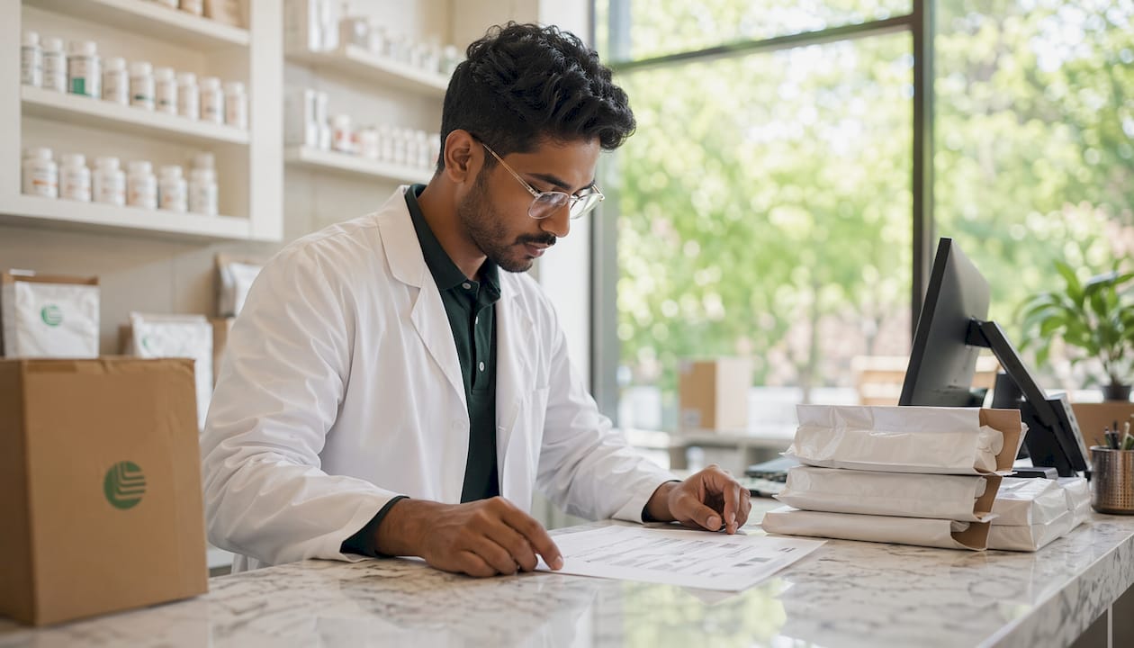 Pharmacist organizing telehealth prescription packages