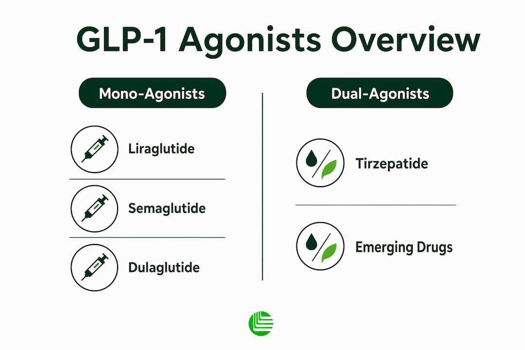 Infographic comparing GLP-1 mono- and dual-agonists
